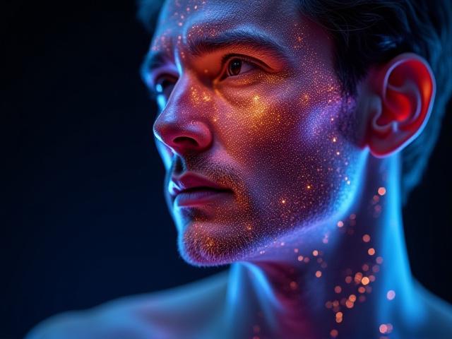 남성 고객의 피부에 다양한 광선이 비추며 활성화되는 모습, 안티에이징 효과를 나타내는 미래지향적인 분위기