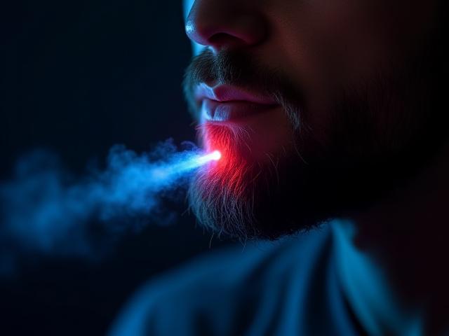 남성 고객의 수염 라인을 레이저로 정교하게 다듬는 모습, 깔끔함과 첨단 기술 강조