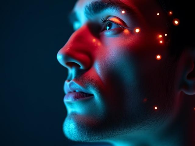 근접 촬영된 남성 얼굴에 LED 광선이 비추는 모습, 피부 개선을 암시하는 부드러운 빛