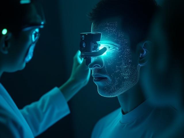 첨단 광학 기기가 남성 고객의 피부를 정밀 진단하는 모습, 과학적인 이미지가 강조된 클로즈업