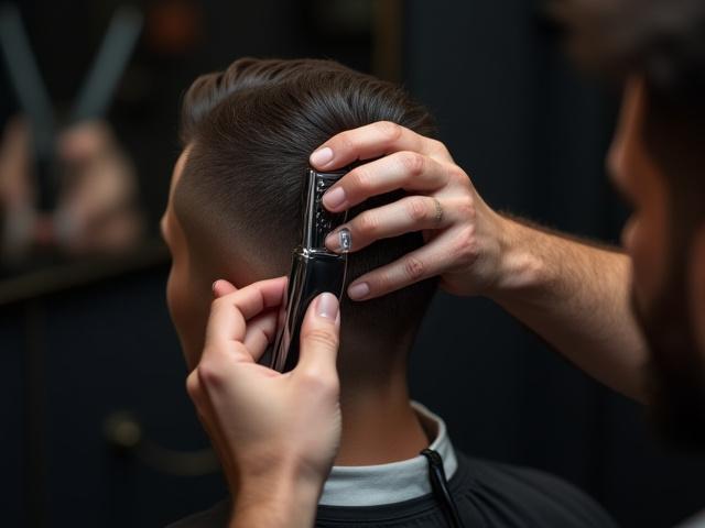 전문 바버가 남성 고객의 머리카락을 섬세하게 커트하는 모습, 정교함이 강조된 클로즈업