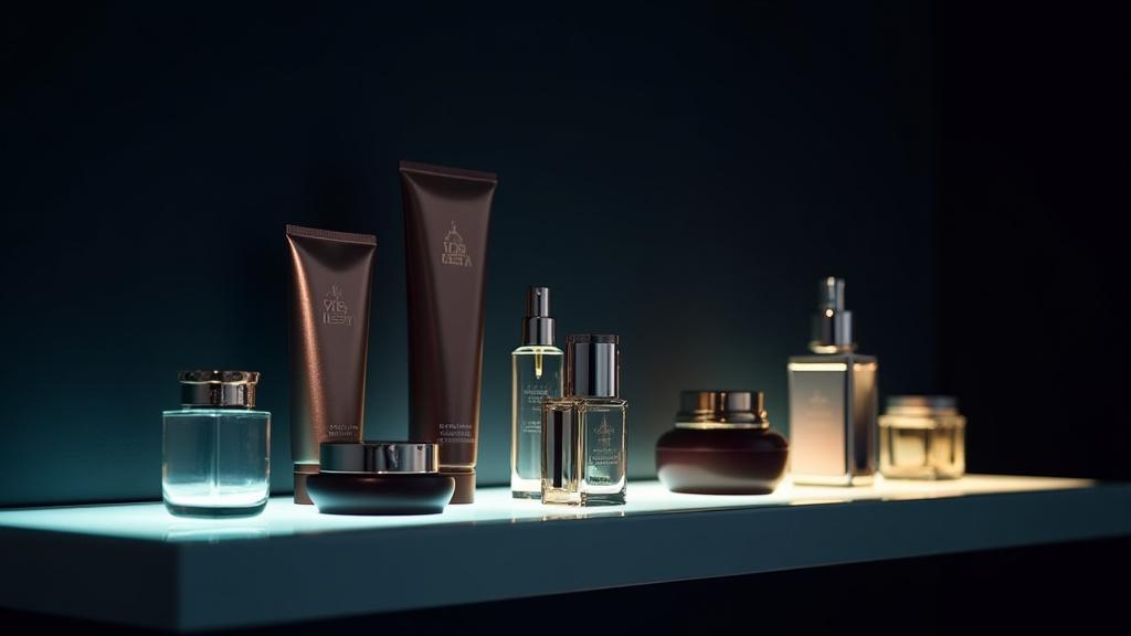 Eunbit Gaze 플래그십 제품 전시 - 빛을 활용한 스킨케어 제품들이 고급스럽게 진열되어 있습니다.